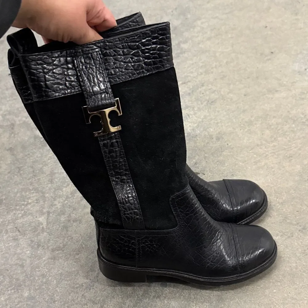 Tory Burch Black Leather and Suede Moto Boots